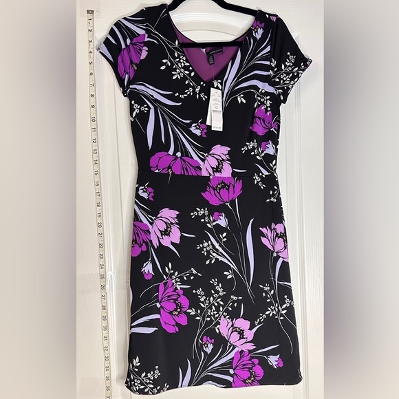 White House Black Market Dresses & Skirts - White House Black Market Black and Purple Floral Midi Sheath Dress, XS